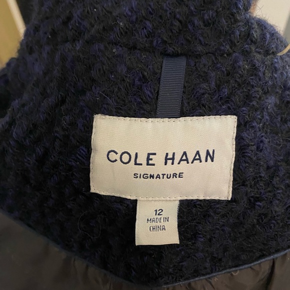 Cole Haan Signature Wool Blend Boucle Oversized Collar Blue Navy Pea Coat - Picture 7 of 7